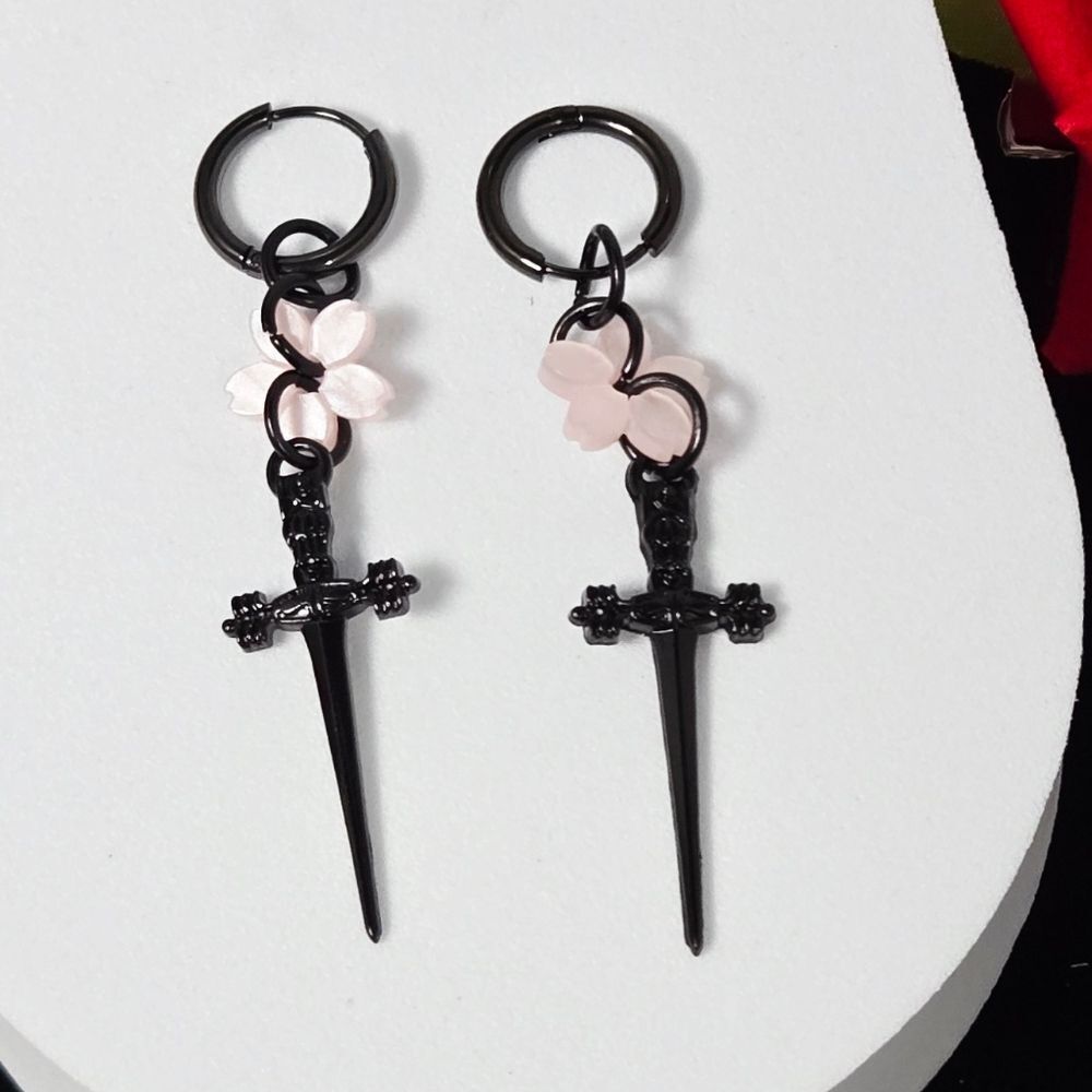 Black Dagger Earrings Cherry Blossom Gothic Cross Punk Sword Huggie Hoop Dangle